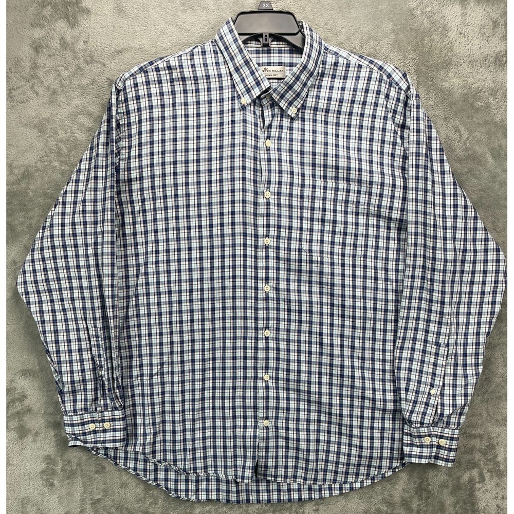 Peter Millar Mens Crown Soft Shirt XXL Blue Plaid Cotton Silk Long Sleeve Button